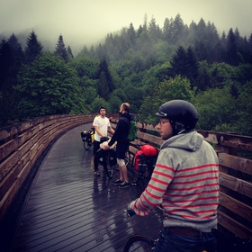 Stopped atop an old railroad trestle on our way back home.  Although the trail was a very gradual uphill climb on the way to the campground, the slight decline on the return trip made for a refreshingly fast trip home.